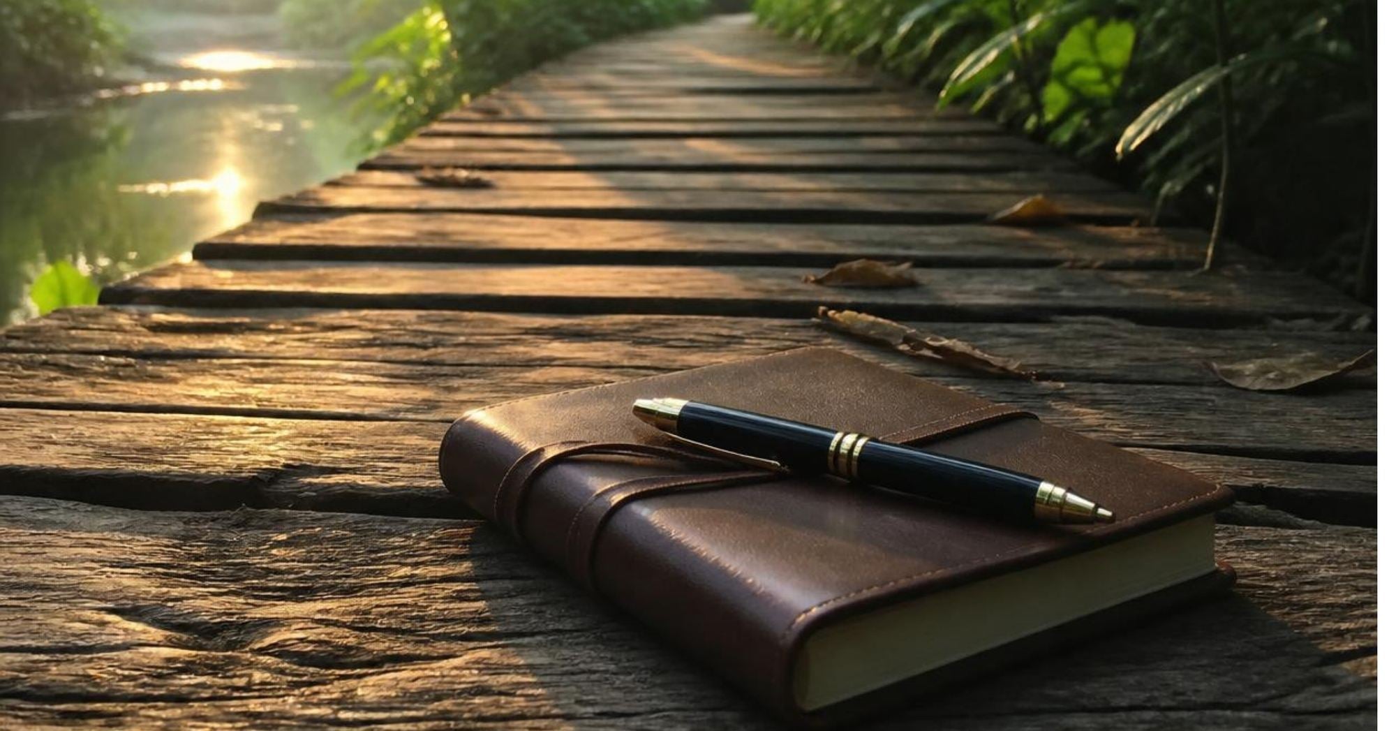 Guided journal and pen on a wooden path through green forest at sunrise — Infinite Path Publishing